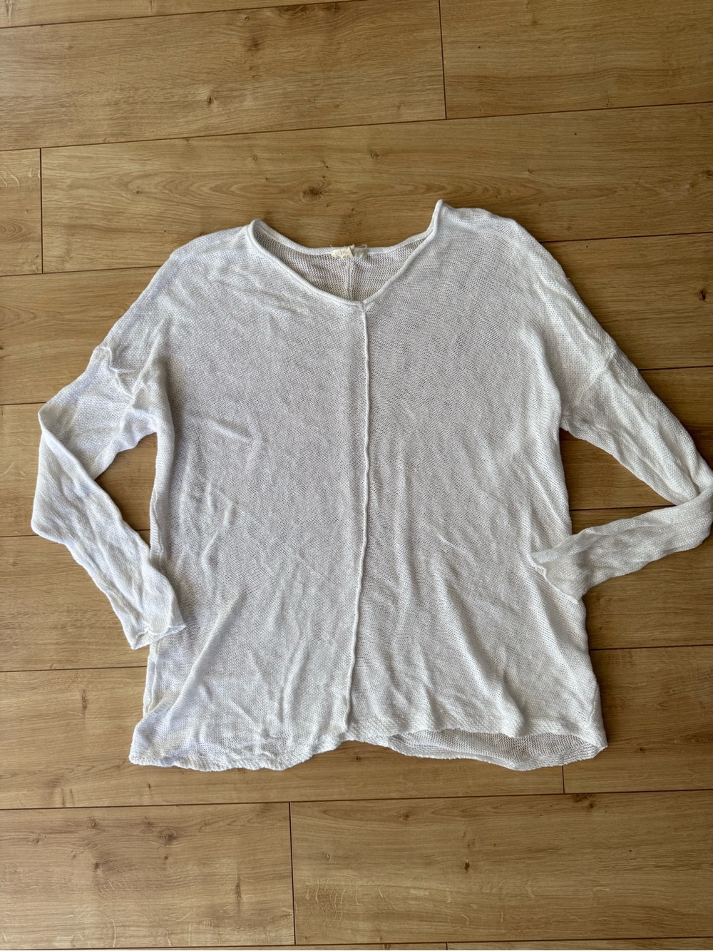 Eileen Fisher White Organic Linen Open Knit V Neck Sweater M Lagenlook Relaxed